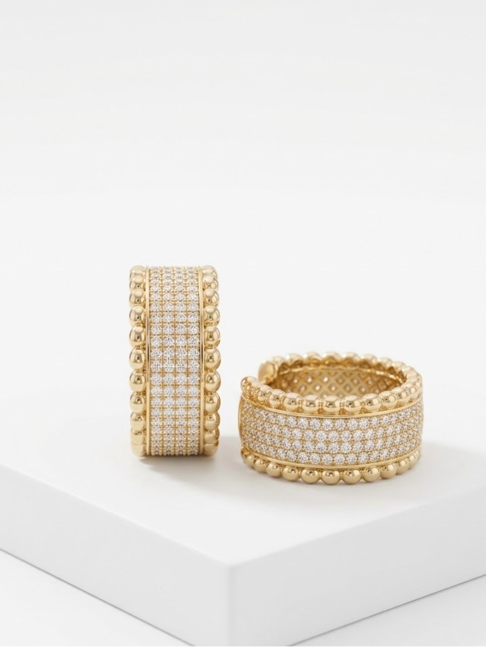 14k Gold - Filled Pavé Beaded Wide Band Earrings